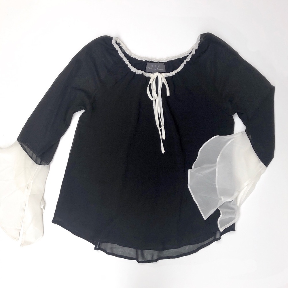 PJK Sheer Black and Ivory Keyhole Tie Blouse S